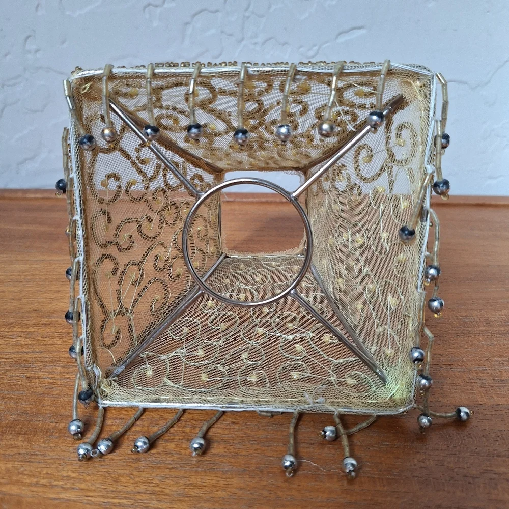Vintage Pottery Barn Beaded Candlestick Holder Mini Lampshade Fringe Boho Glam